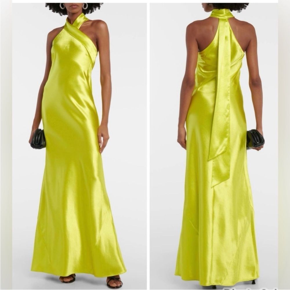 GALVAN London Pandora halterneck satin maxi dress lime yellow NWT size 6 US